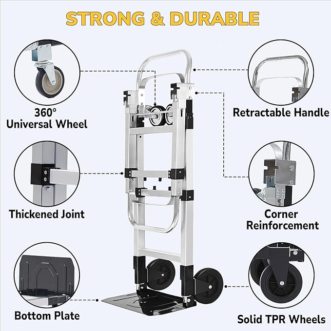 Upgraded 3 in 1 Aluminum Folding Hand Truck, 600lbs Capacity, Heavy Duty - Image 5