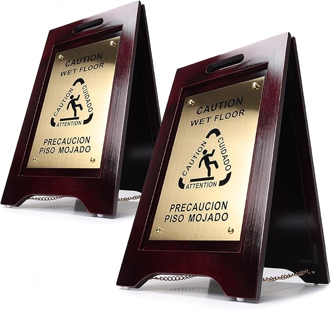 Premium Wooden Caution Wet Floor Sign – Bilingual w/Non-Skid Plastic Feet – by WholesaleHotelProducts