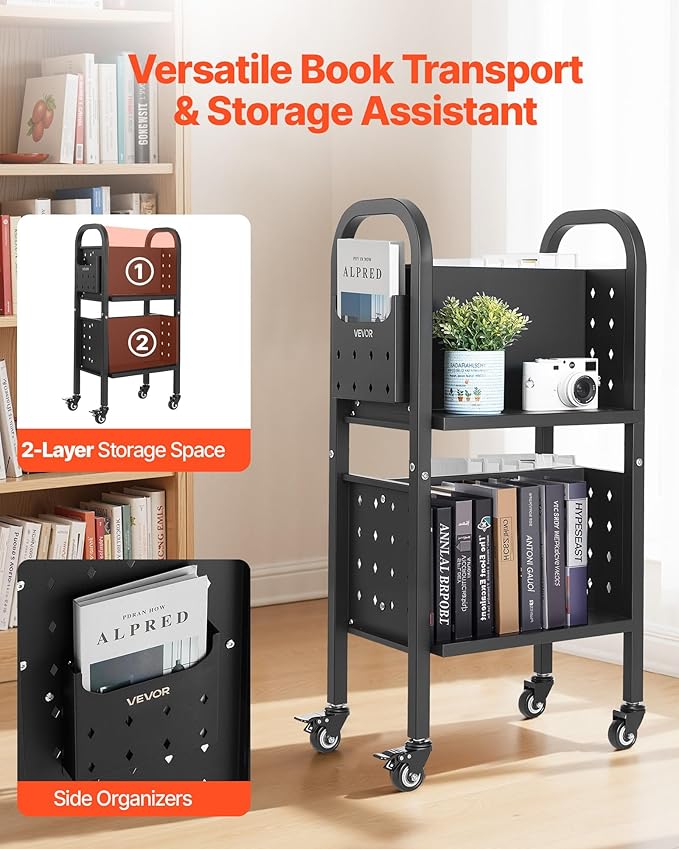VEVOR Rolling Library Book Cart, 150 lbs Capacity, 17.7 x 13.0 x 34.6-Inch - Image 2