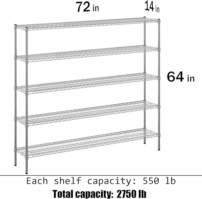 14" Deep x 72" Wide x 64" Height Wire Shelving Kit | 5-Tier | NSF Commercial - Image 3