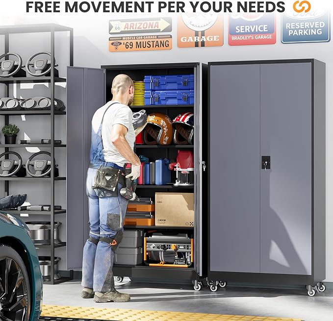 Metal Garage Cabinets with Wheels, Heavy Duty Rolling Storage Cabinet with Lock - Image 3