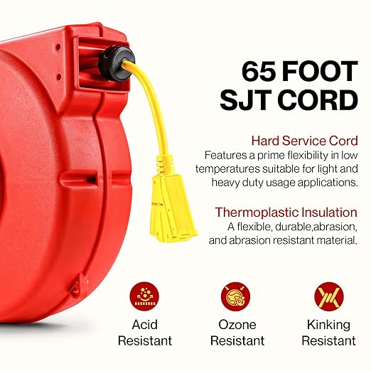 ReelWorks Extension Cord Reel Retractable 12AWG x 65' Foot 3C/SJT Heavy Duty - Image 4