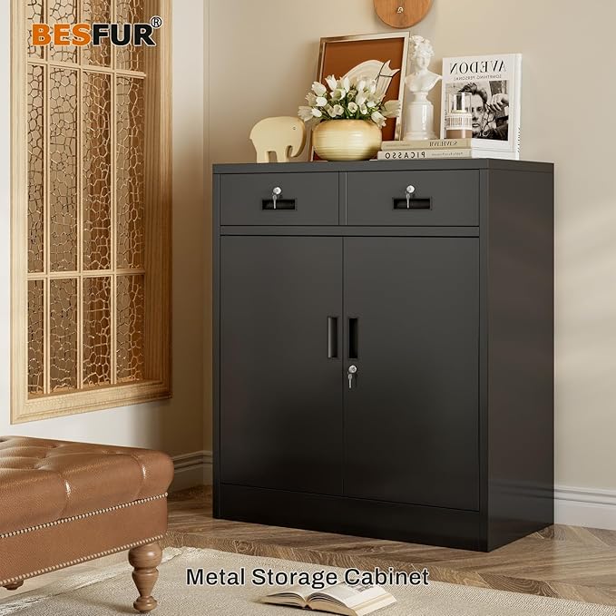 BESFUR Locking Cabinet with 2 Drawers and Lockable Doors - Image 2