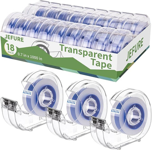 18 Pcs Transparent Tape with Dispenser, 0.7 x 1000 in Blue Core Clear Tape by JEFURE