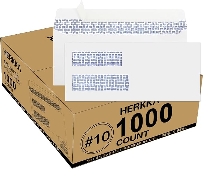 1000 Pack #10 Double Window Security Self-Seal Envelopes by HERKKA