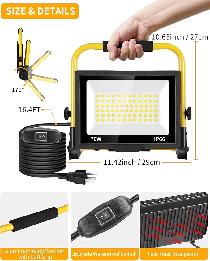 8400LM LED Work Light with 16FT Cord & Switch, 70W Outdoor Flood Light - Image 6