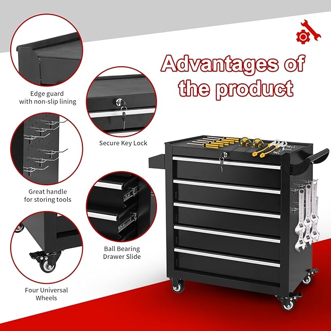 5-Drawer Tool Chest on Wheels, Rolling Metal Toolbox - Image 3