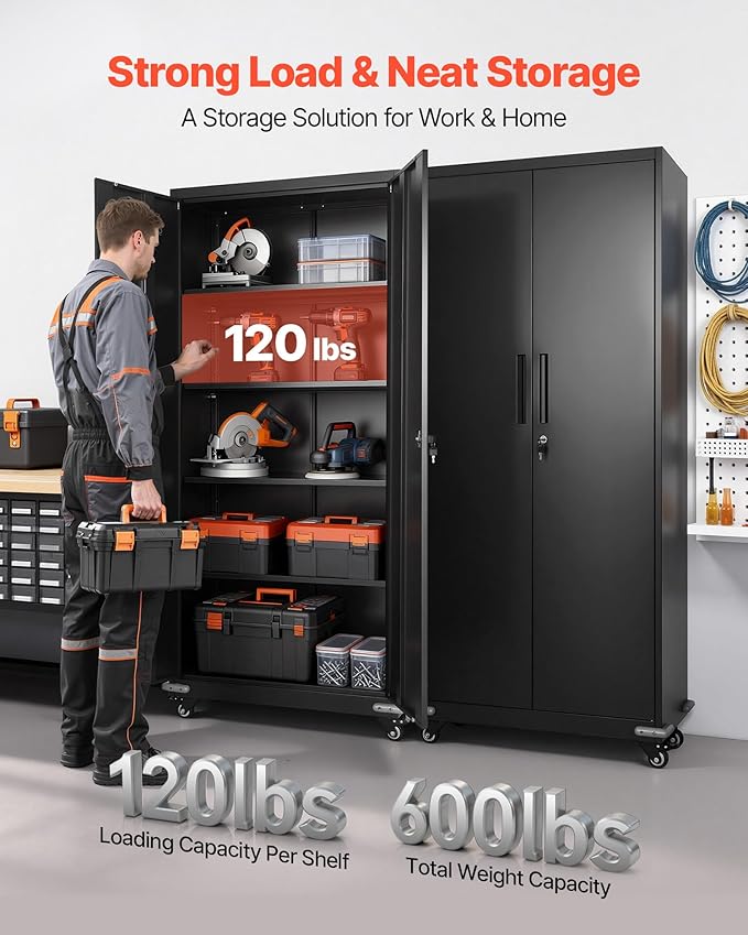VEVOR Metal Storage Cabinet, 72.6 in Rolling Steel Garage Cabinet - Image 4