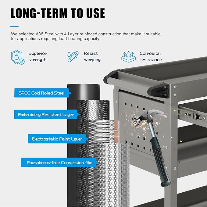 3 Tier Rolling Tool Cart on Wheels, Heavy-Duty Utility Cart Service Cart - Image 3