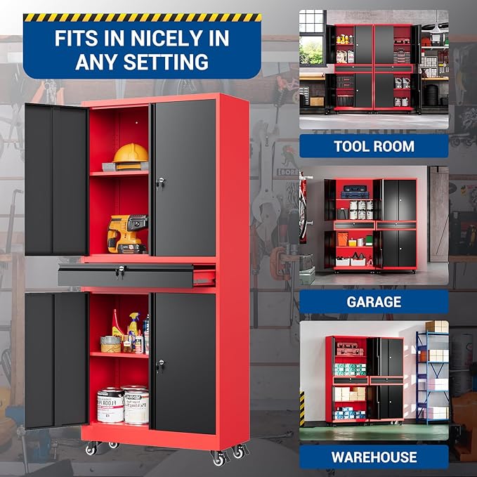 73" Metal Cabinet-Black & Red Heavy Duty Rolling Storage Cabinet Steel Tool - Image 5