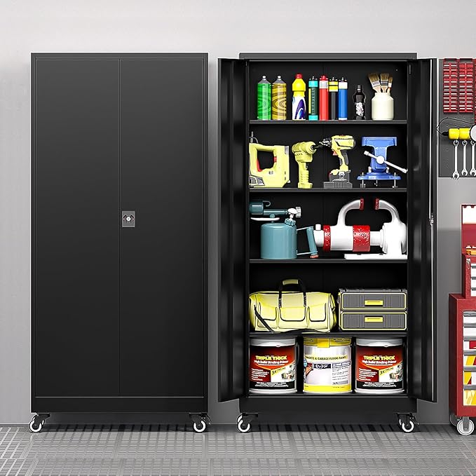 Metal Storage Cabinet with Wheels, Tall Garage Storage Cabinet with 4 by LISSIMO