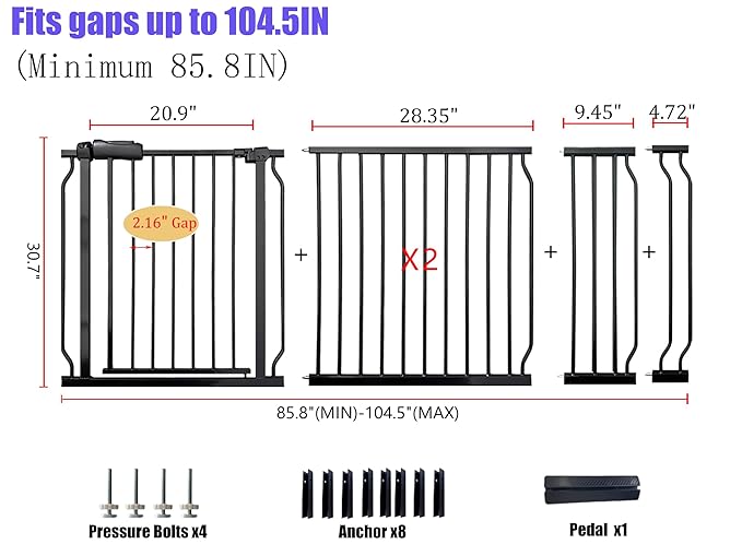 Extra Wide Baby Gate 85.8-104.5 Inch, Pressure Mounted No Drilling, - Image 2