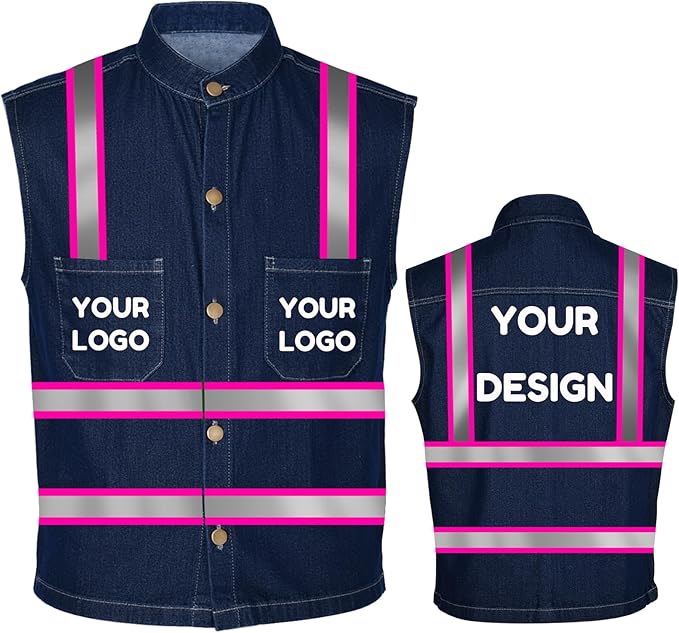 YOWESHOP Men's Reflective Safety Denim Vest，Custom Safety Outdoor Denim Work by YOWESHOP
