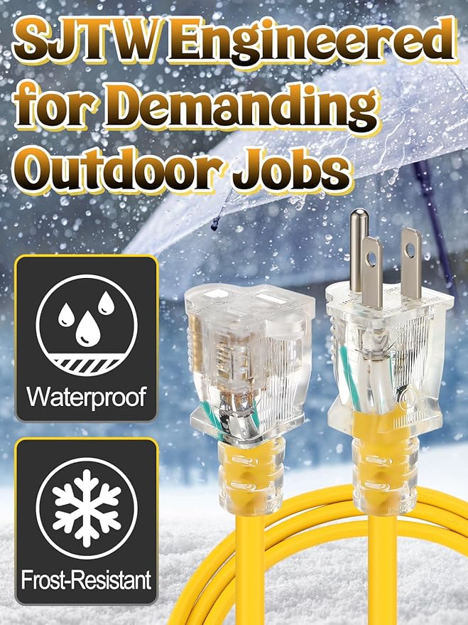 Lighted End Heavy Duty Outdoor Extension Cord Waterproof -16AWG, 3 Prong - Image 2