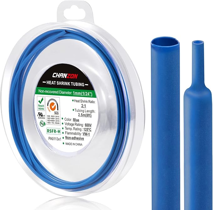 Chanzon 2:1 Ratio 1/24" Heat Shrink Tubing 8Ft Roll Blue Polyolefin Sleeving by Chanzon