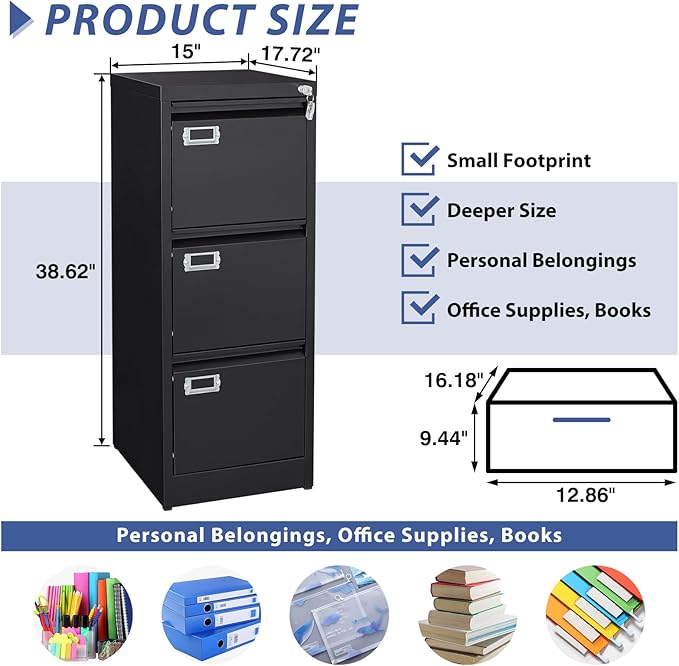 3-Drawer File Cabinet, Locking Metal Vertical File Storage - Image 3