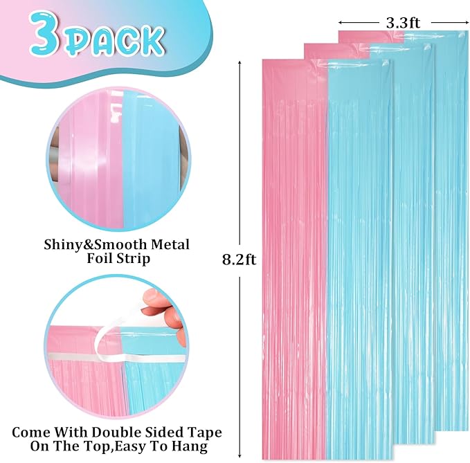 3 Pack 3.3 x 8.2 ft Pastel Blue and Pink Foil Fringe Backdrop Curtains - Image 2