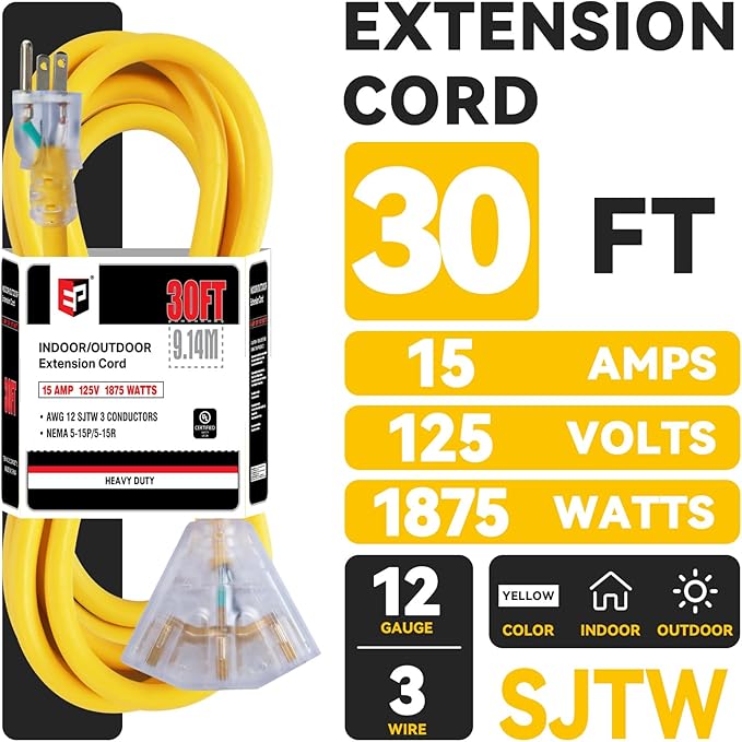 EP 30 Ft 12 Gauge Heavy Duty Extension Cord, 15A 125V 1875W, 3 Outlet - Image 2
