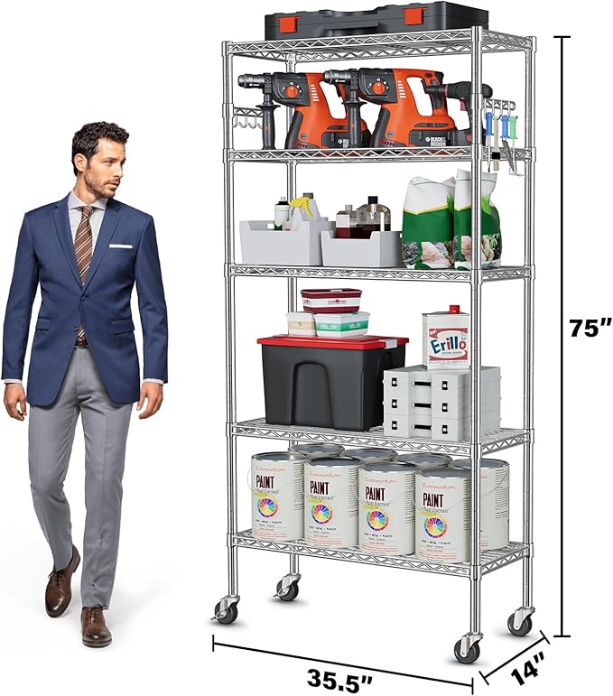 YNN Storage Shelves, 1750Lbs 5 Tier Heavy Duty Metal Rolling Shelving Unit - Image 3