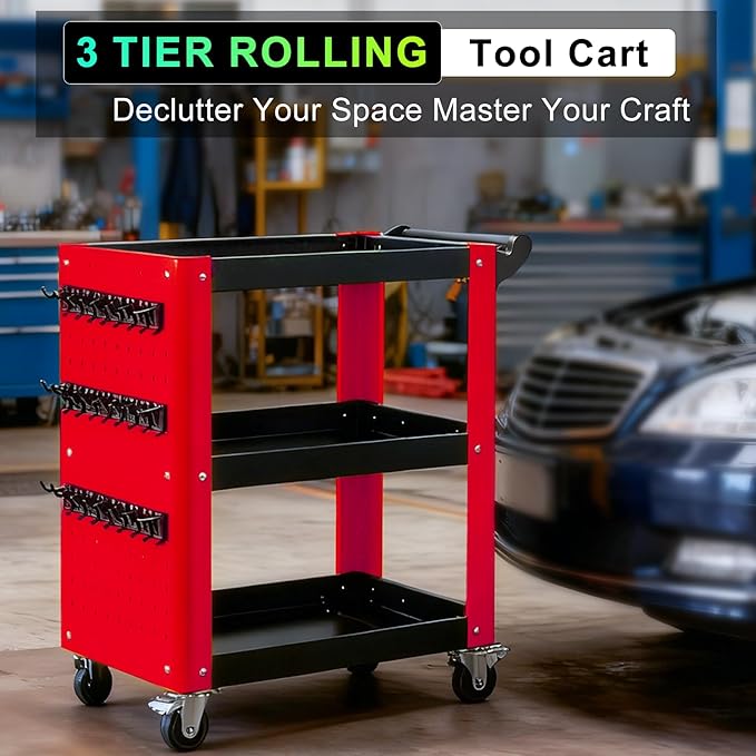 3 Tier Rolling Tool Cart, Mechanic Tool Cart on Wheels, Mechanic Storage - Image 2