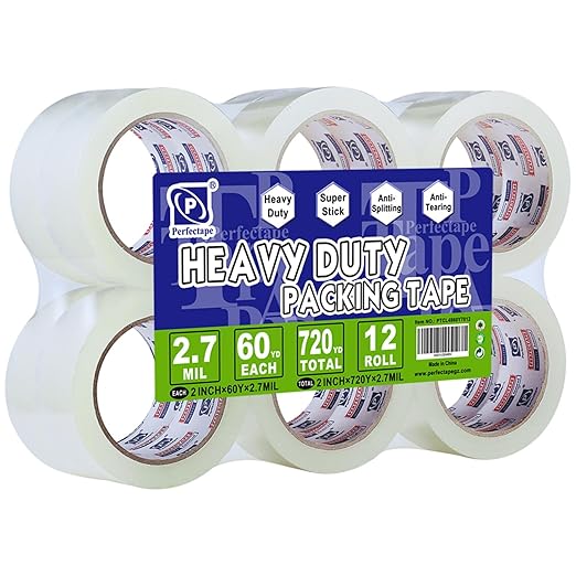 Heavy Duty Packing Tape 12 Rolls, 2.7 mil, Ultra Adhesive, 1.88" x 60 Yards by PERFECTAPE