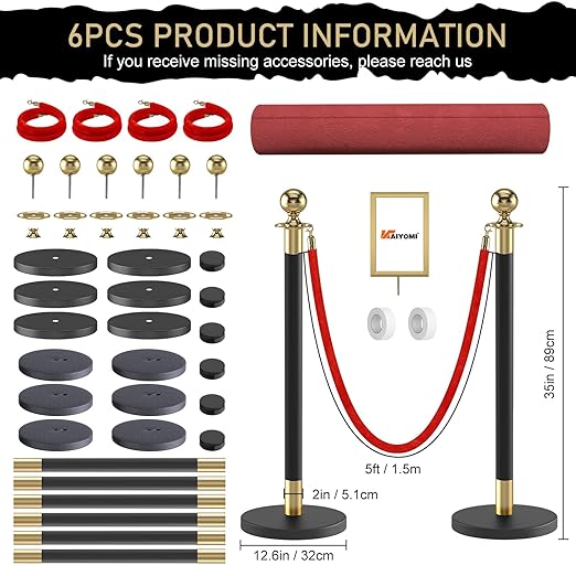 kaiyomi 6Pcs Stanchions Posts Velvet Ropes - Image 2