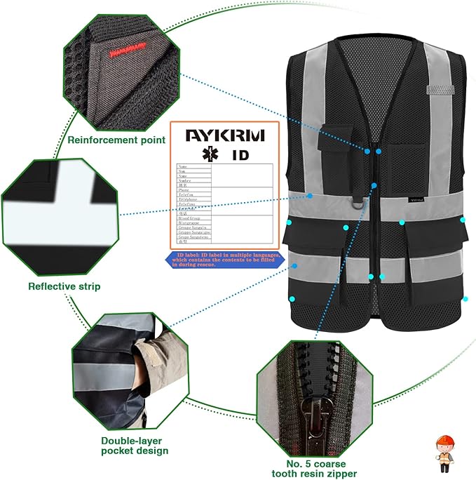 Black reflective safety vest for men - Image 3