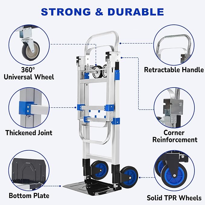 Upgraded 3 in 1 Aluminum Folding Hand Truck, 600lbs Capacity, Heavy Duty - Image 5