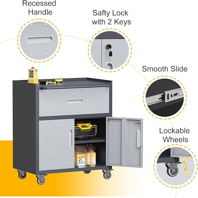 Metal Storage Cabinet with Wheels, Rolling Tool Chest with Adjustable Shelf & - Image 4