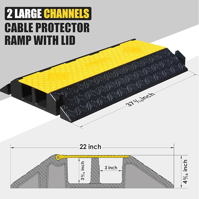 Large 2-Channel Rubber Floor Cable Protector Ramp, Heavy-Duty Floor Cable Wire - Image 3