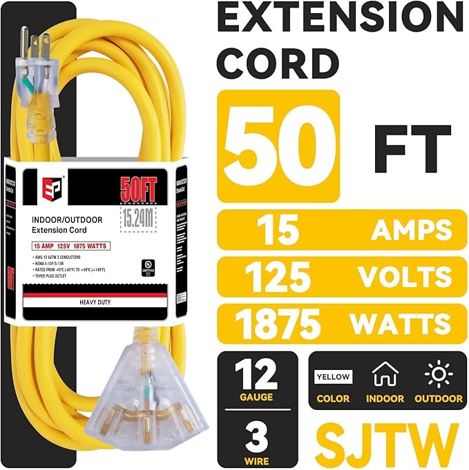 EP 50 Ft 12 Gauge Heavy Duty Extension Cord, 15A 125V 1875W, 3 Outlet - Image 2