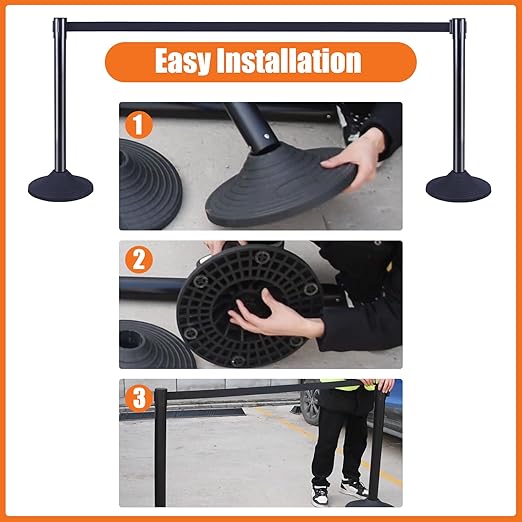 41" Black Crowd Control Stanchion Set, Stable Heavy-Duty Rubber Base - Image 7