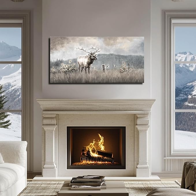 ZHENGYIN Elk & Wildflowers Canvas Wall Art, Western Deer Wildlife Meadow by Unknown