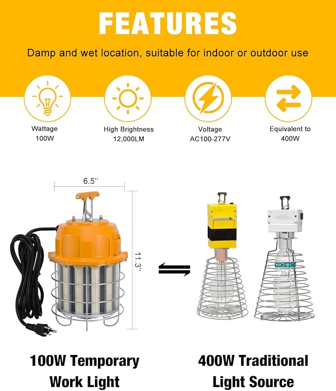 LED Temporary Work Light 100W LED Construction Lights 12, 000lm 5000K Daylight - Image 3