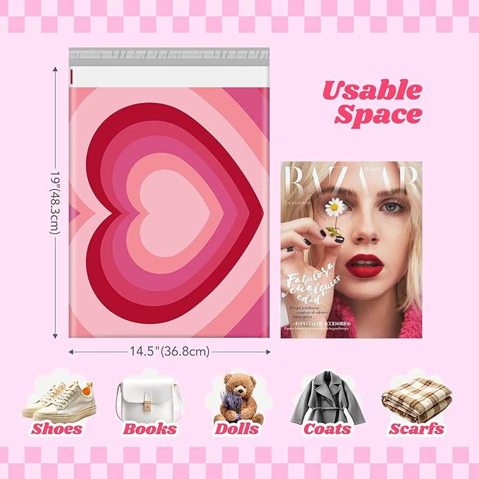 Metronic Poly Mailers 14.5x19 Inch 50pc Pink Love Heart, Waterproof Self-Seal - Image 2