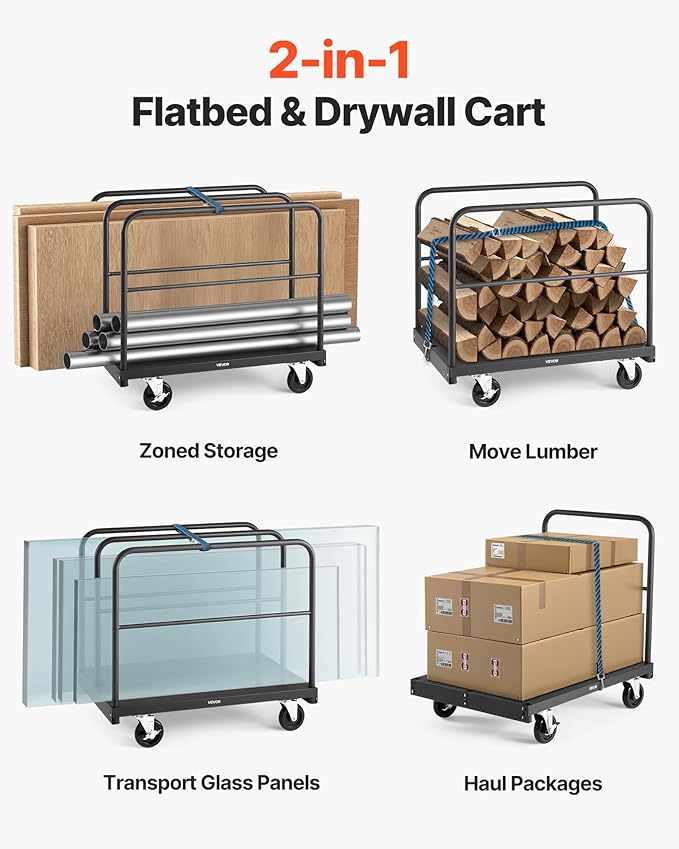 VEVOR Drywall Cart Dolly, 1800 lbs Load Capacity, 2-in-1 Steel Panel Truck Cart - Image 3