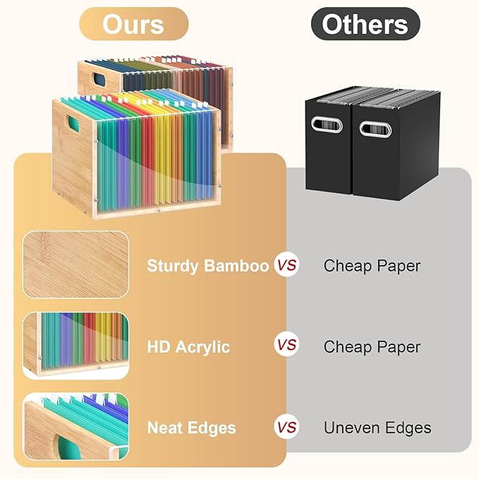 2 Pack Hanging File Organizer, Bamboo Filing Box File Crate Storage Boxes - Image 3