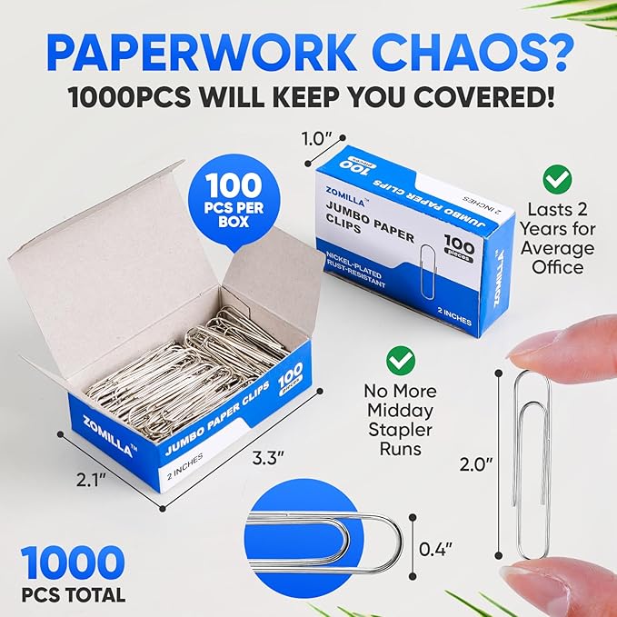 Large Paper Clips, Zomilla 1000pcs 2 Inches Jumbo Paper Clips Silver, Smooth - Image 2