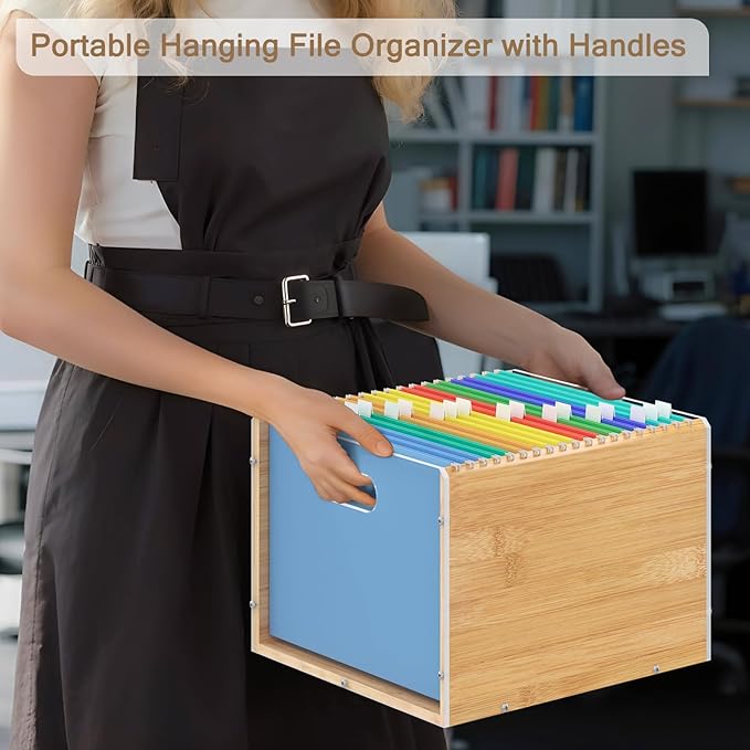 Hanging File Organizer, Bamboo Filing Box File Crate Organizer Storage Boxes - Image 8