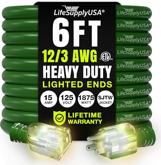 6ft Outdoor/Indoor Extension Cord 12/3 Gauge Extra Heavy Duty 3 Prong SJTW by LifeSupplyUSA