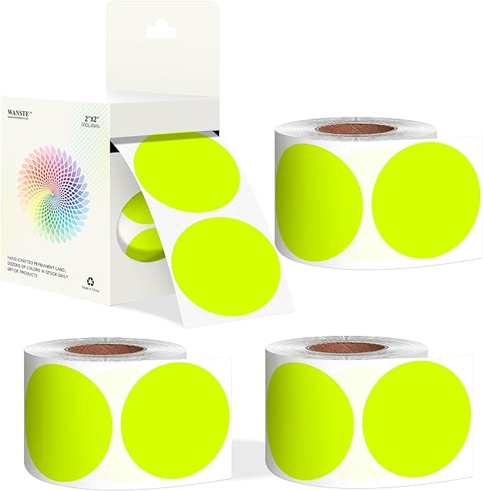 2 - Inch Round Fluorescent Yellow Color - Coding Stickers, 4 Rolls, Organizing by WANSTE