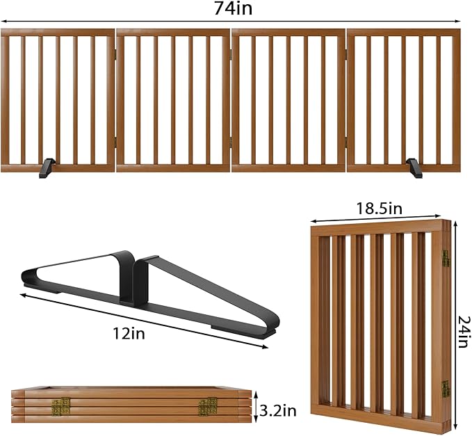 Freestanding Pet Gate Foldable 4 Panel Dog Gate Walnut Dog Gates - Image 5