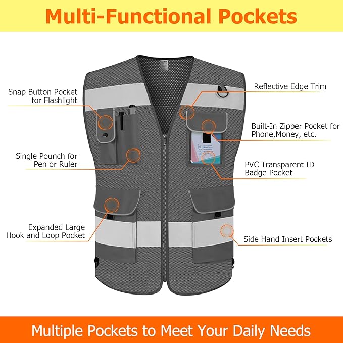 TCCFCCT Mesh Reflective Safety Vest 9 Pockets High Visibility Vest - Image 3