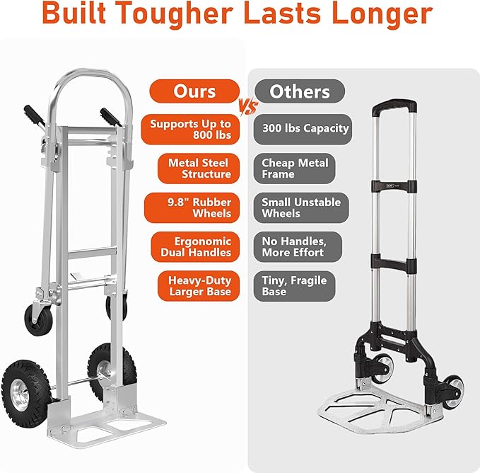 800 LBS Dolly Cart with Wheels, 2 in 1 Folding Hand Truck, Stainless Steel - Image 2