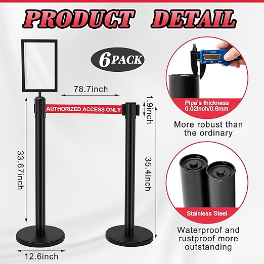 Therwen 6 Pack Heavy Duty Crowd Control Stanchions 9.8 ft Stainless Steel - Image 2