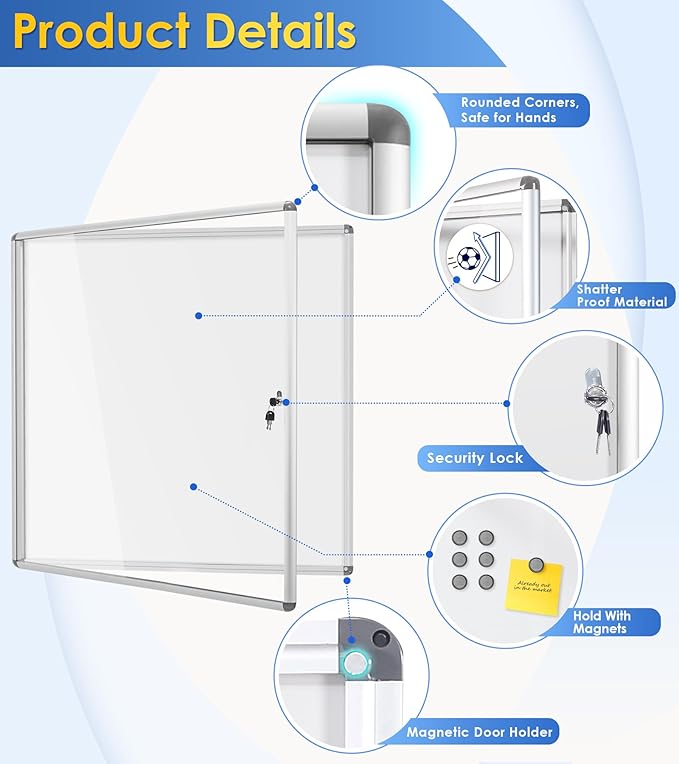 SWANCROWN Locking Bulletin Boards Enclosed Noticeboard White Glass Message - Image 3
