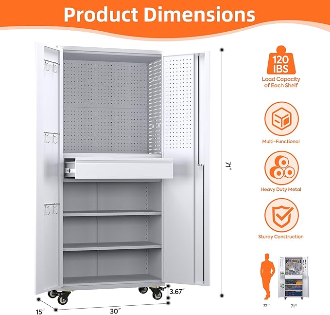 Metal Storage Cabinet with Drawers, Locking Garage Tool Cabinets on Wheels with - Image 3