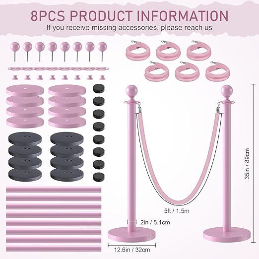 kaiyomi 8Pcs Stanchions with Pink Velvet Ropes Set, 5 Feet Velvet Ropes and - Image 2