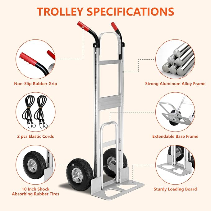 Aluminum Hand Truck 600 LBS Capacity, Handle Heavy Duty Industrial Dolly - Image 4