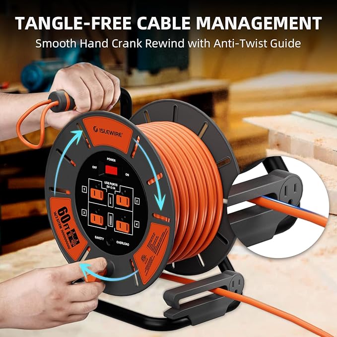 60 FT Retractable Extension Cord Reel, 14AWG SJTOW Heavy Duty Power Cord - Image 5